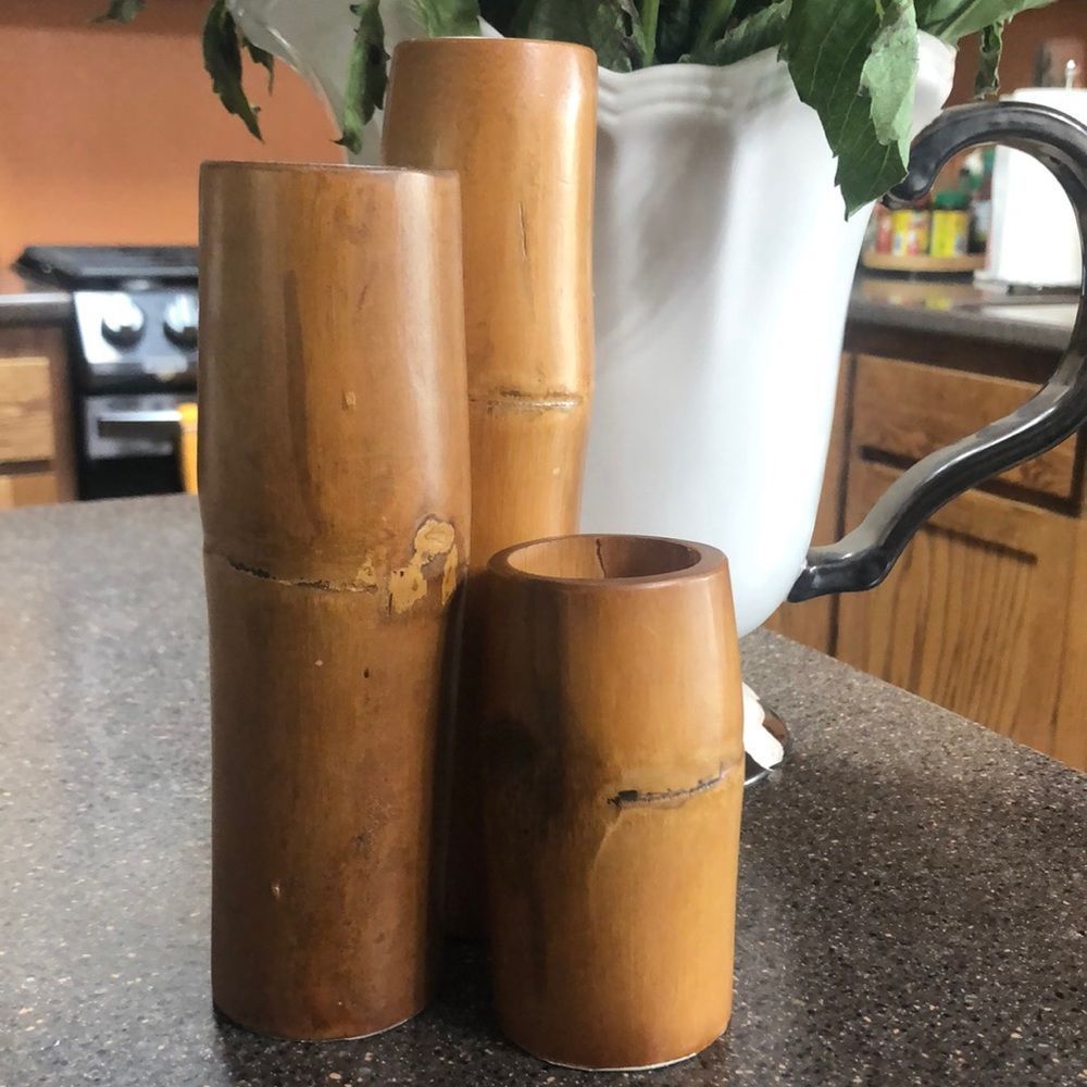 WORLD MARKET BAMBOO HAND CARVED TEALIGHT HOLDERS
